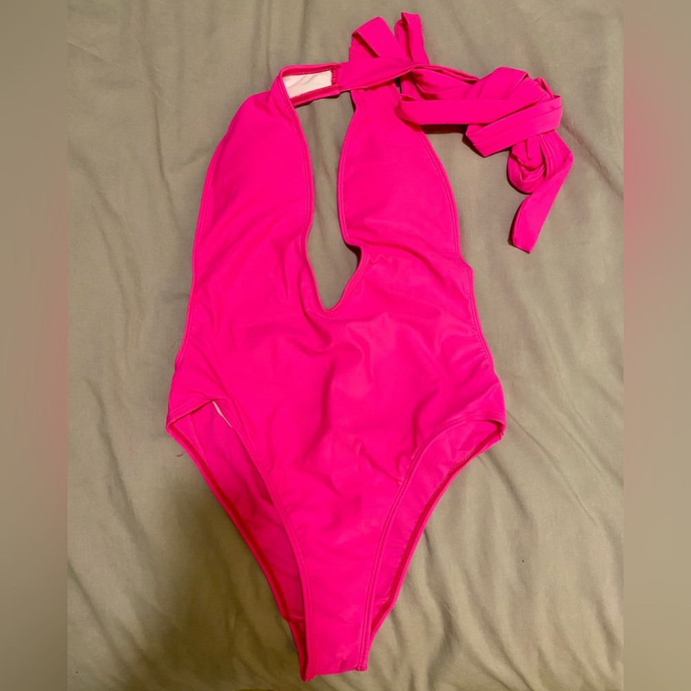 Hot pink, wrap around, one piece swimsuit.